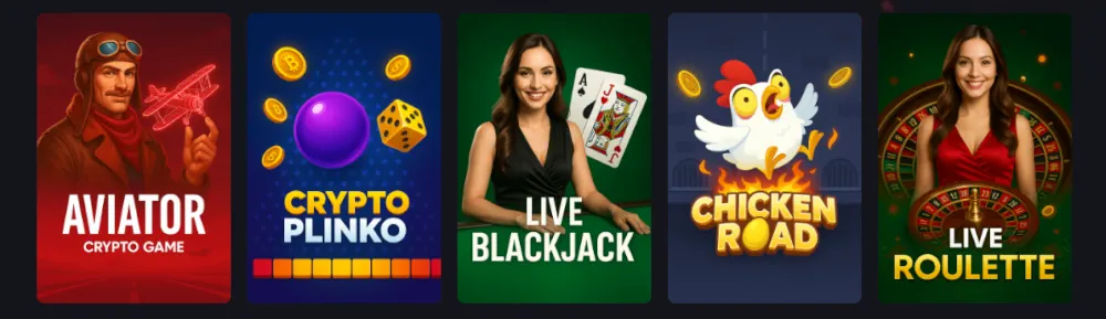 Instant Casino népszerű játékok lobbyja, amely az Aviator-t és a Plinko-t tartalmazza.